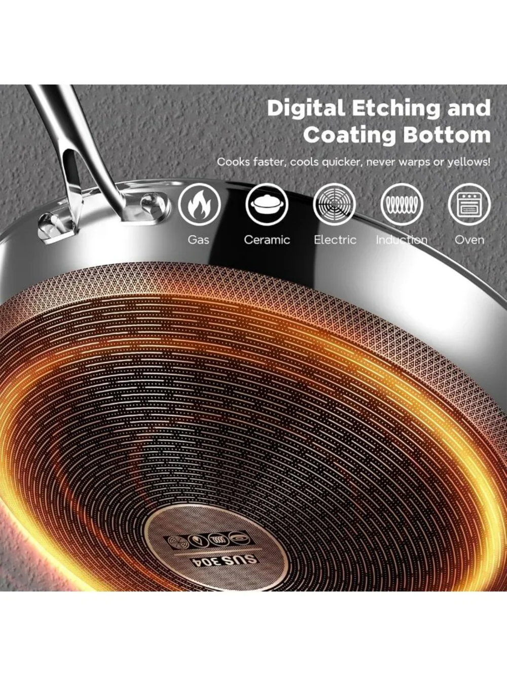 13-Inch Nonstick Stainless Steel Wok Pan with Lid for All Stoves, PFOA Free